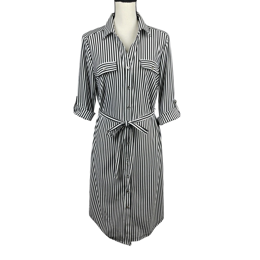 Mlle‎ Gabrielle Women's Shirt Dress 1X Black White Stripe Belted Roll Tab Sleeve